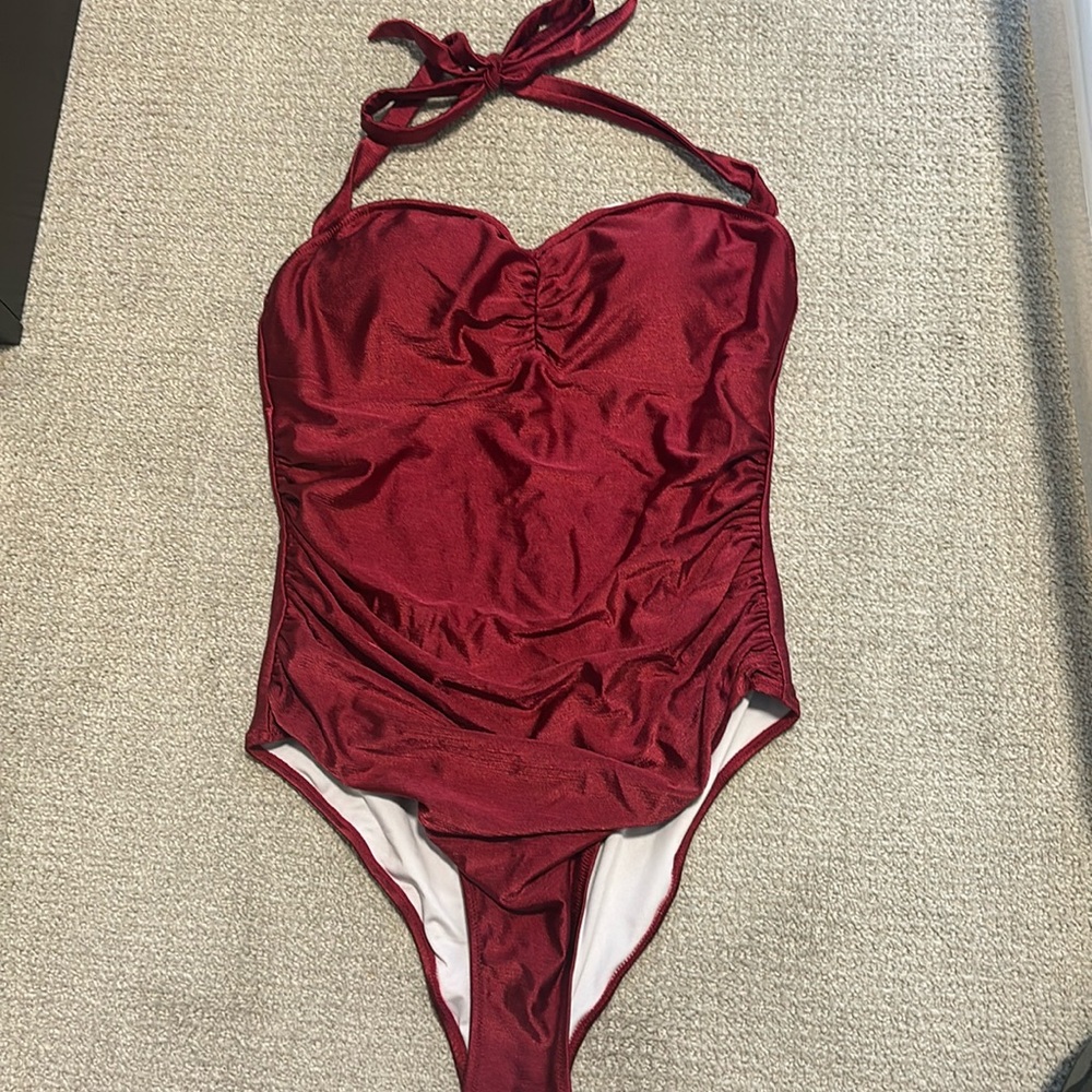 Cupshe Red Shiny Halter Swimsuit Size Extra Large One Piece